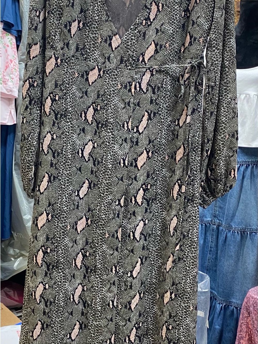 Buddy Love, Snake Print Wrap Maxi Dress in Olive and Blush, size M